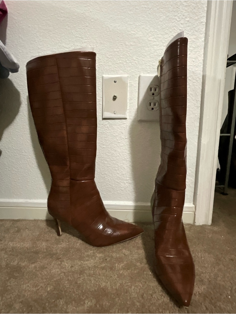 Croc-Embossed Pointed-Toe Knee-High Boots in Brown